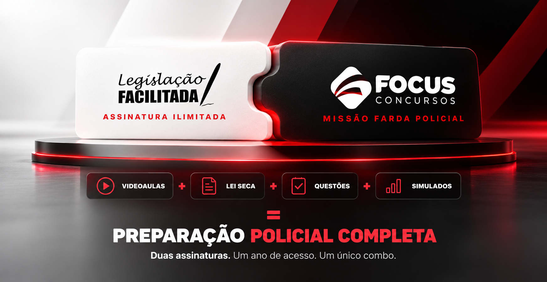 Legislação Facilitada e Focus: videoaulas, lei seca, questões e simulados em uma preparação policial completa.