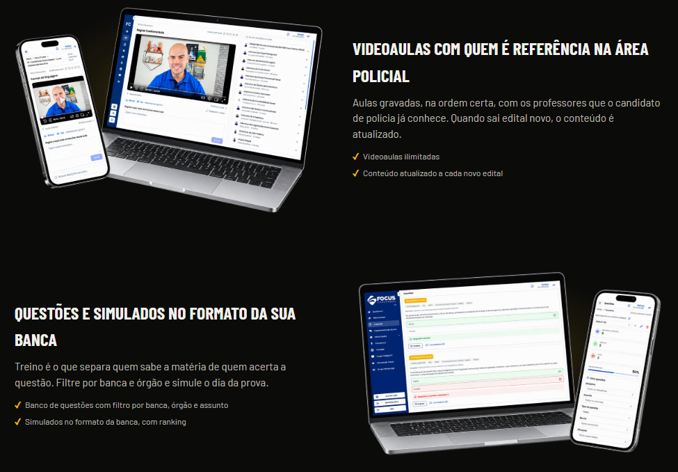 Videoaulas e material de apoio no Focus Concursos