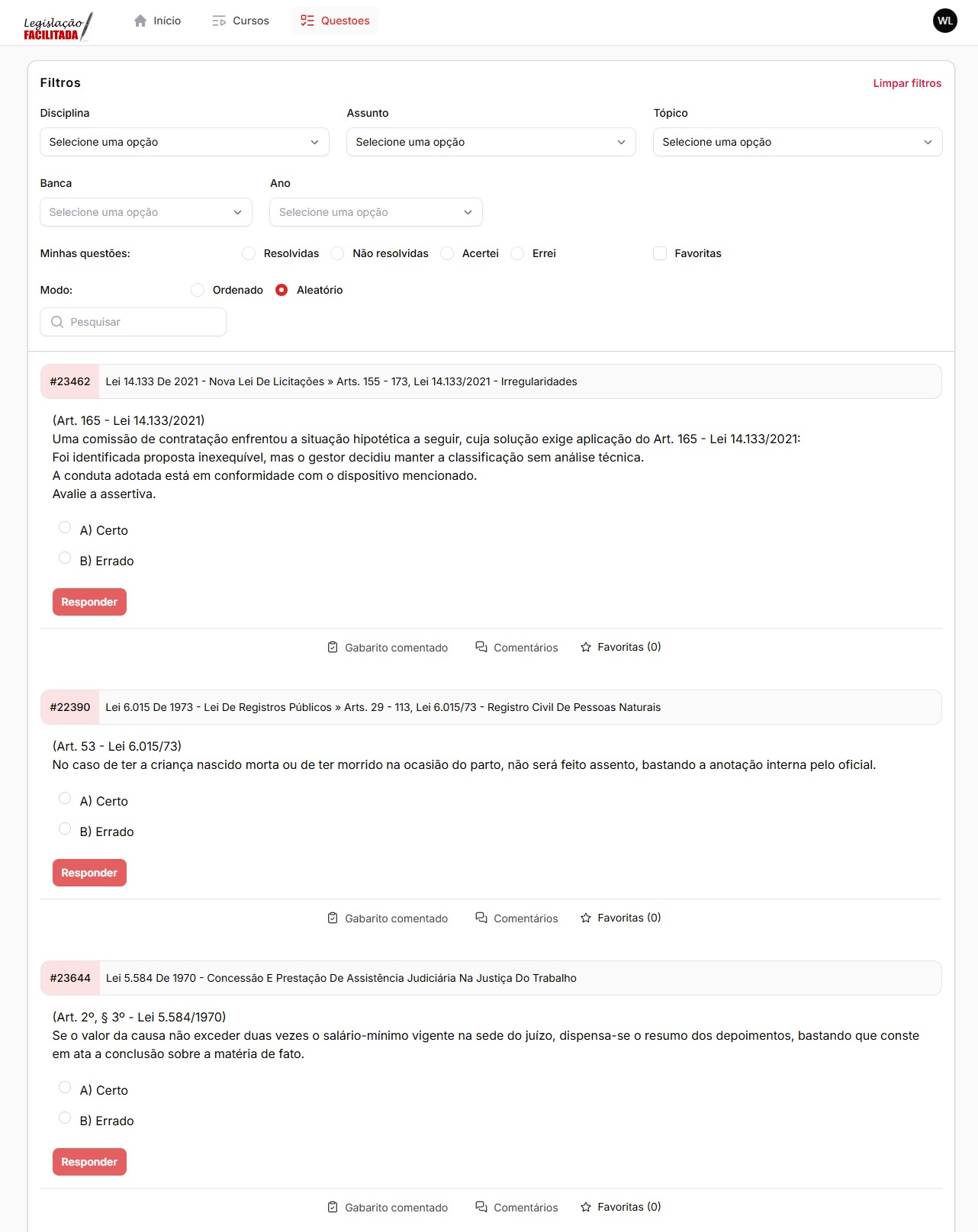 Sistema de Questões — Vade Mecum Facilitado